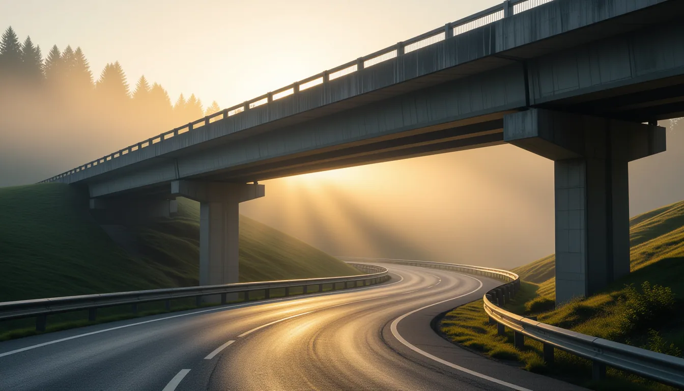 A weathered concrete overpass stretches across a mist-choked ravine at golden hour, warm shafts of l