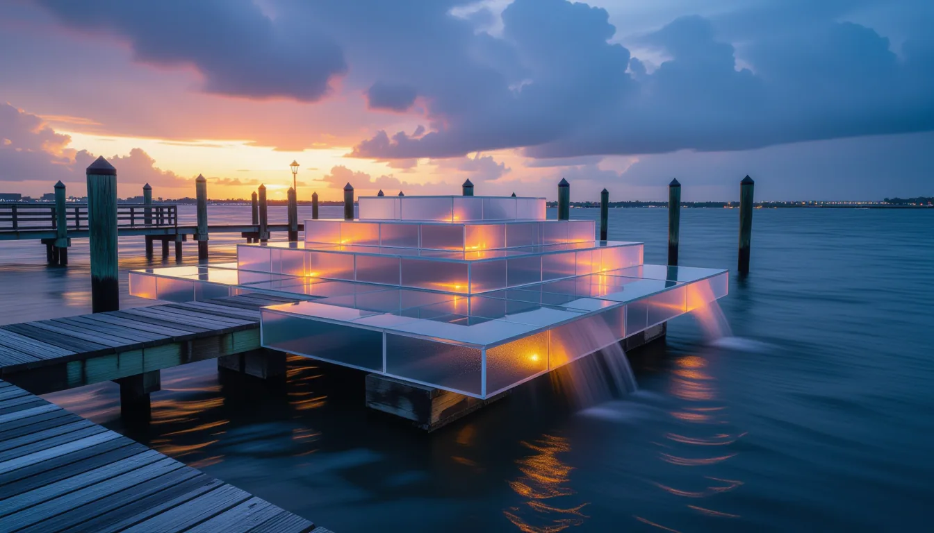 Long-exposure capture of stacked frosted glass platforms hovering above a storm-lashed Charleston do