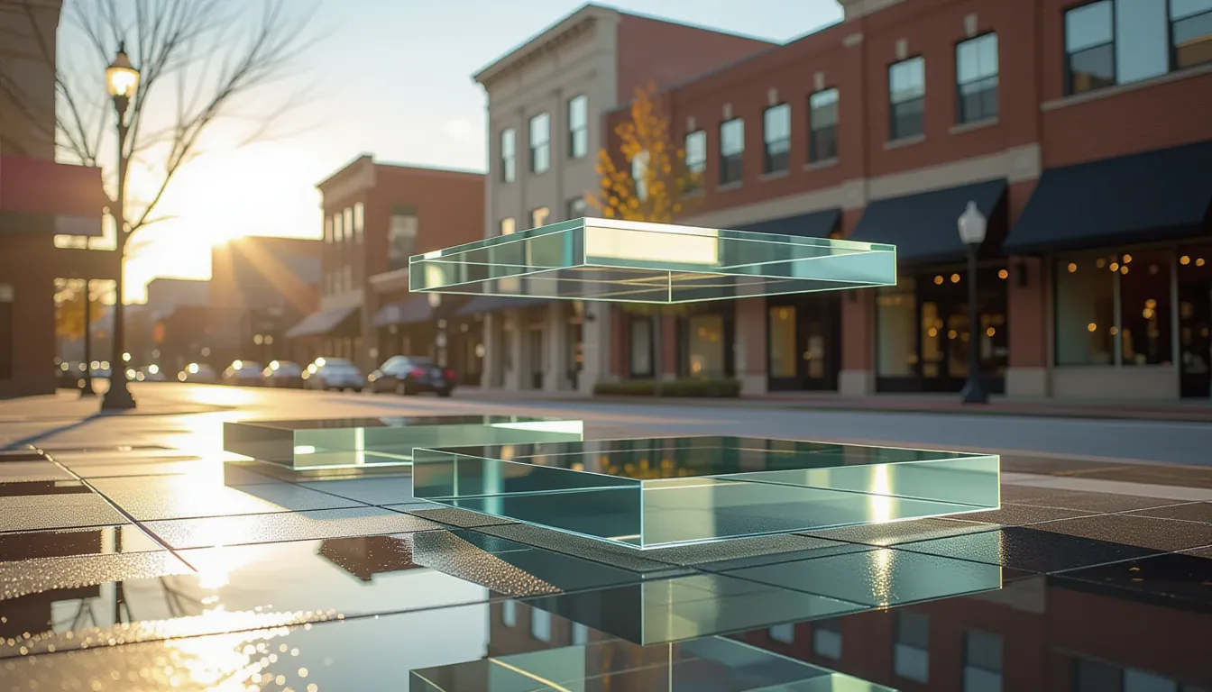 Layered translucent glass platforms float at different heights above Spartanburg's Main Street inter