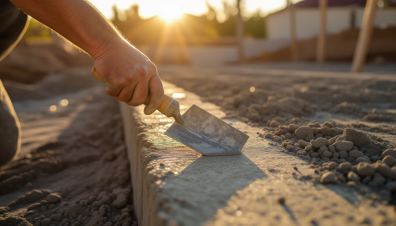 A mason's scarred hands press a trowel into fresh concrete, spreading mortar in slow, deliberate swe