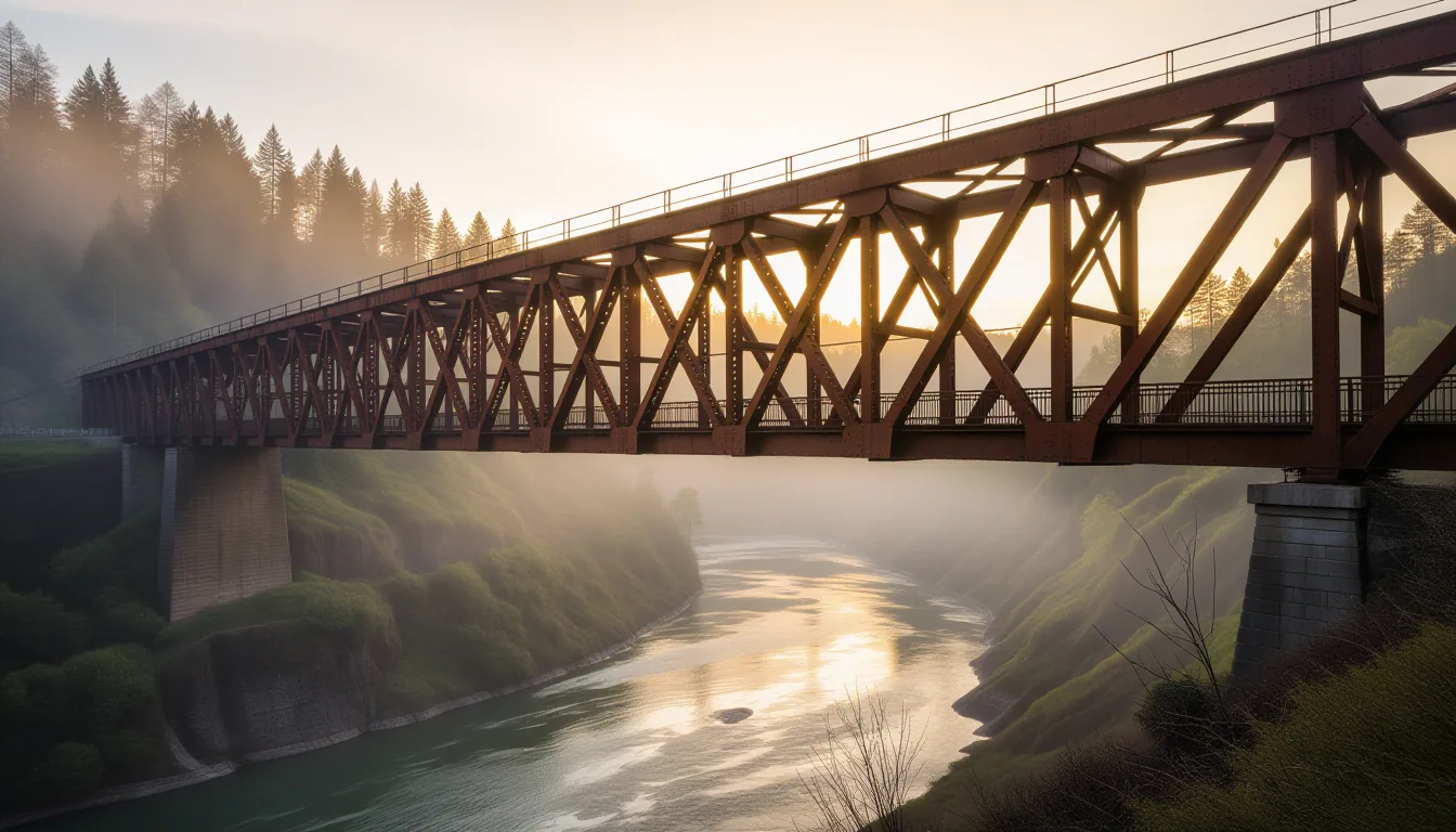 A rusted iron truss bridge spanning fog-choked canyon, its riveted steel arches framing a sliver of