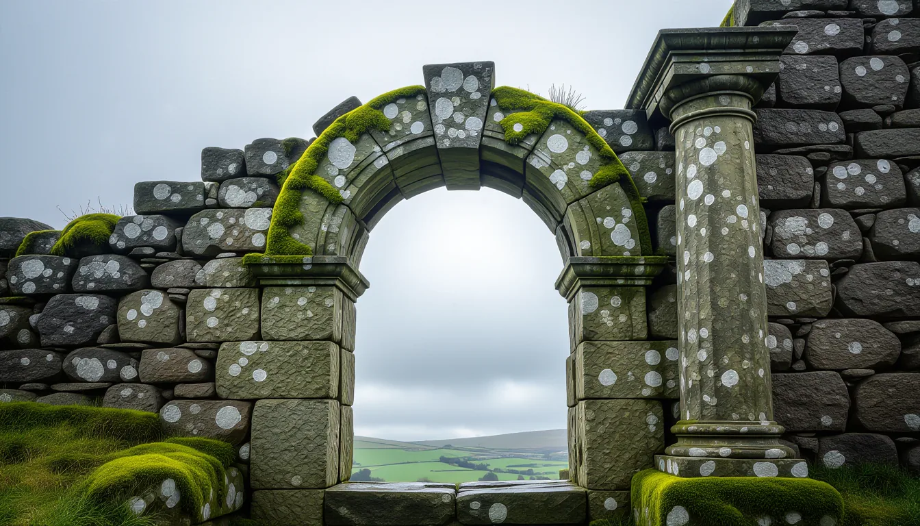 A crumbling stone archway under overcast sky, moss creeping over the keystone, light slicing through