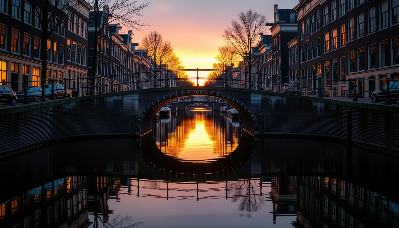 A rain-slicked stone bridge spans a dark canal at golden hour, its arches casting sharp, symmetrical