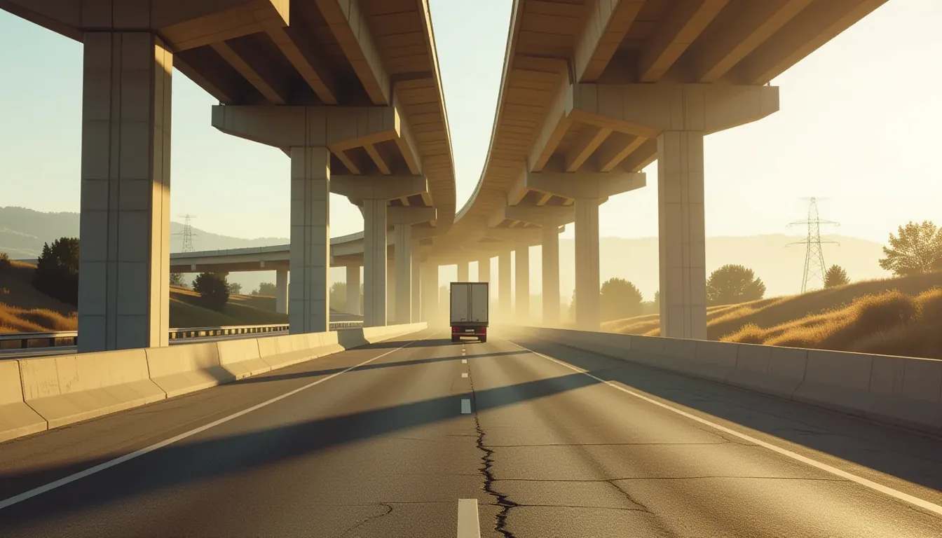 A sunlit concrete overpass stretches across a hazy highway corridor, its ribbed pillars casting shar