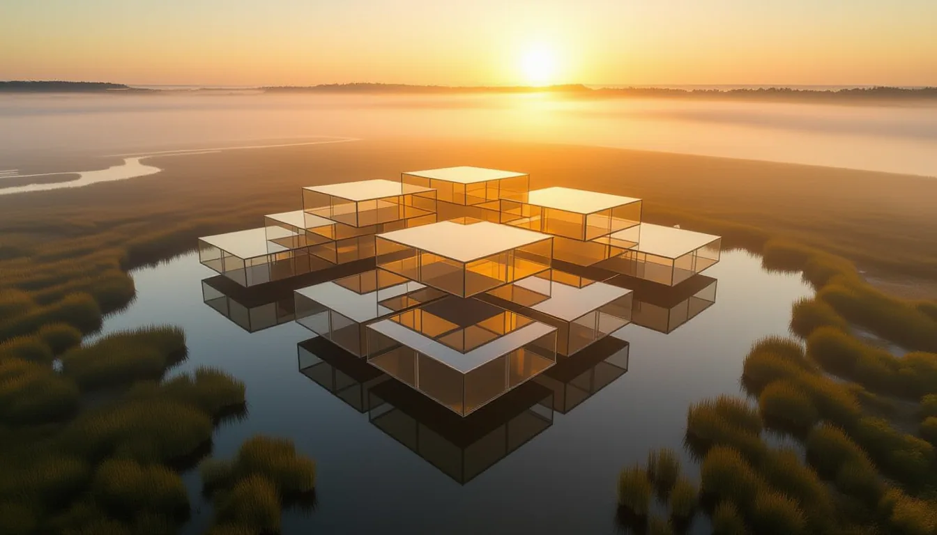 Aerial view at golden hour: layered translucent geometric platforms stacked over a coastal marsh, th
