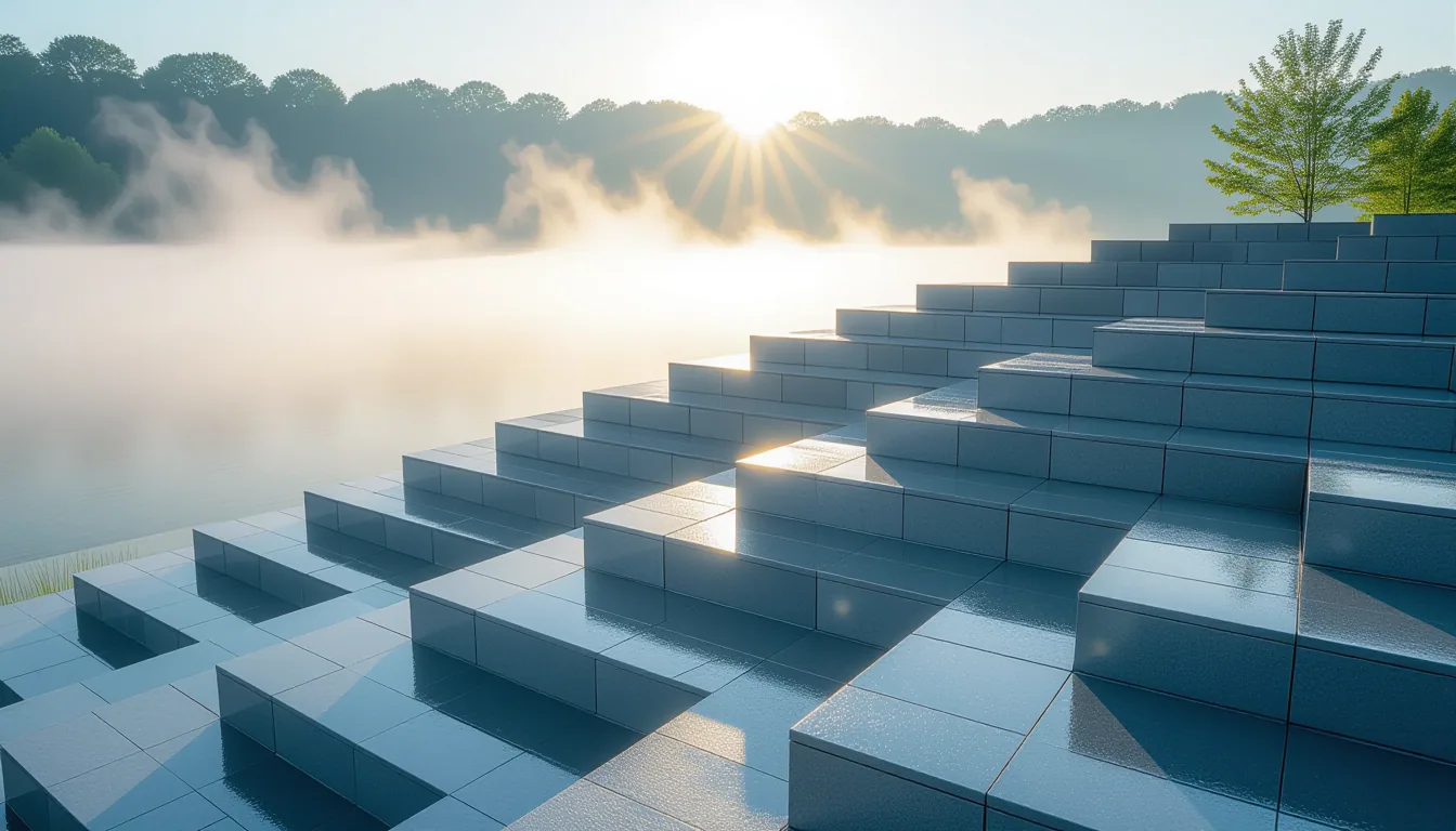 Morning mist layers over Greenville's concrete terraces, each tier a translucent geometric plane cat