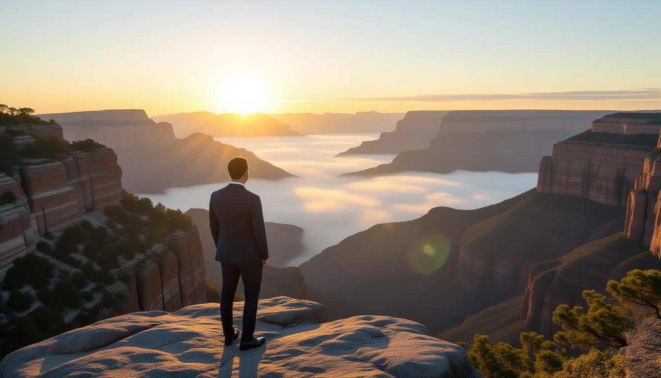 A lone figure in a tailored suit stands on a granite outcrop overlooking a vast misty valley at gold