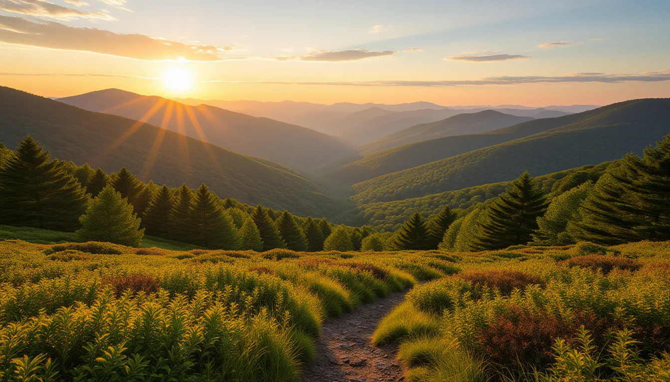 A wide-angle shot at golden hour captures a dramatic valley floor in the Blue Ridge foothills near G