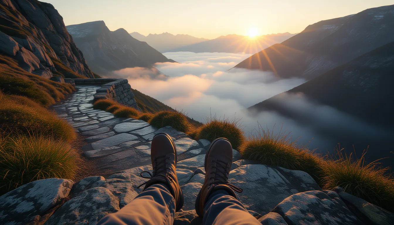 A lone hiker’s boots tread wet granite on a switchback trail, mist clinging to the valley below, bac