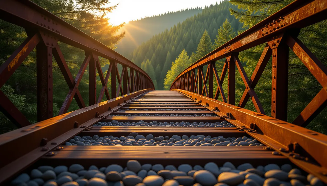 Golden-hour light spills across a rusted iron bridge spanning a deep valley gorge; shallow depth of