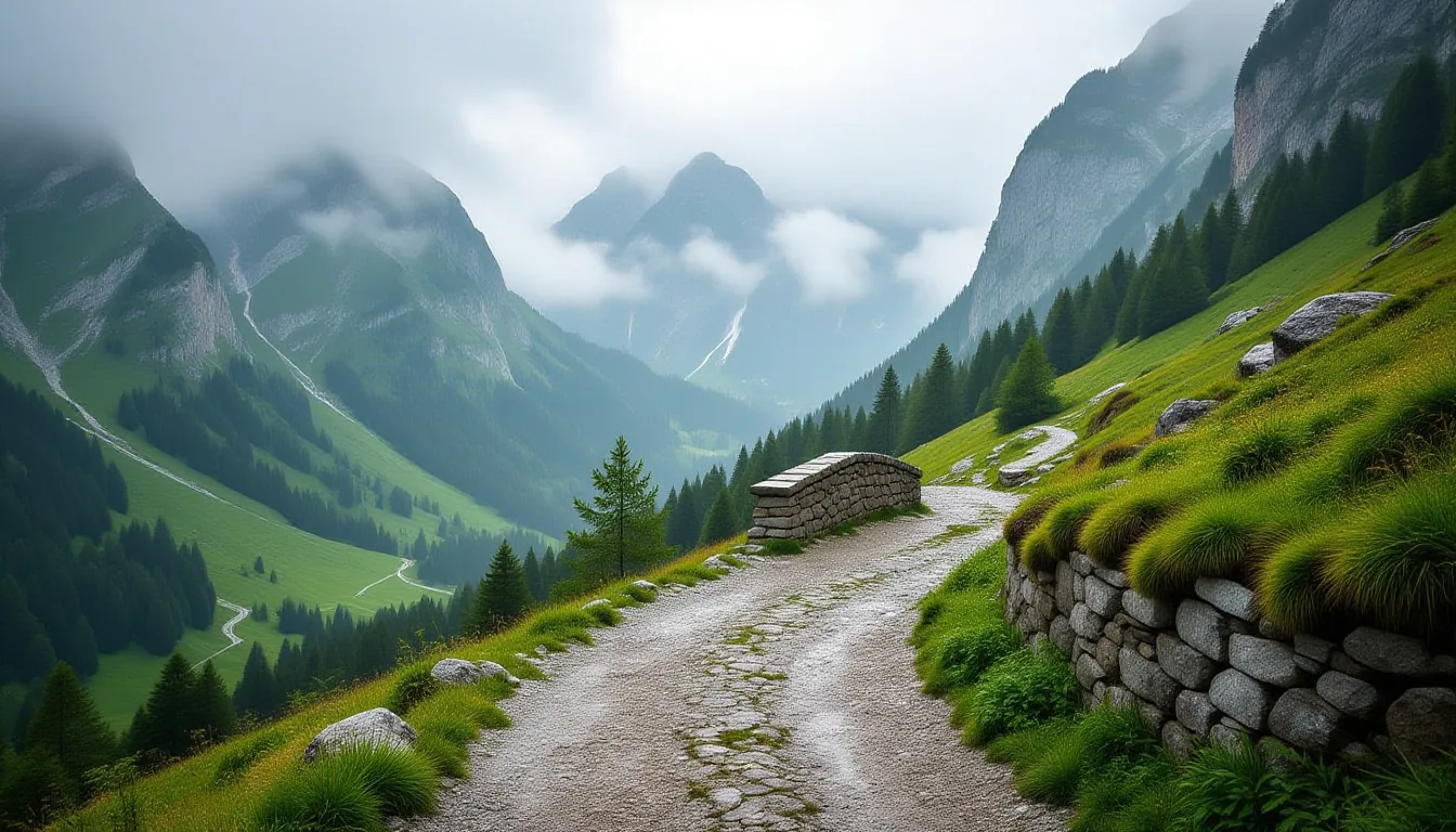 A narrow, rain-slicked trail winds along a mist-choked mountain pass in the Dolomites, leading towar