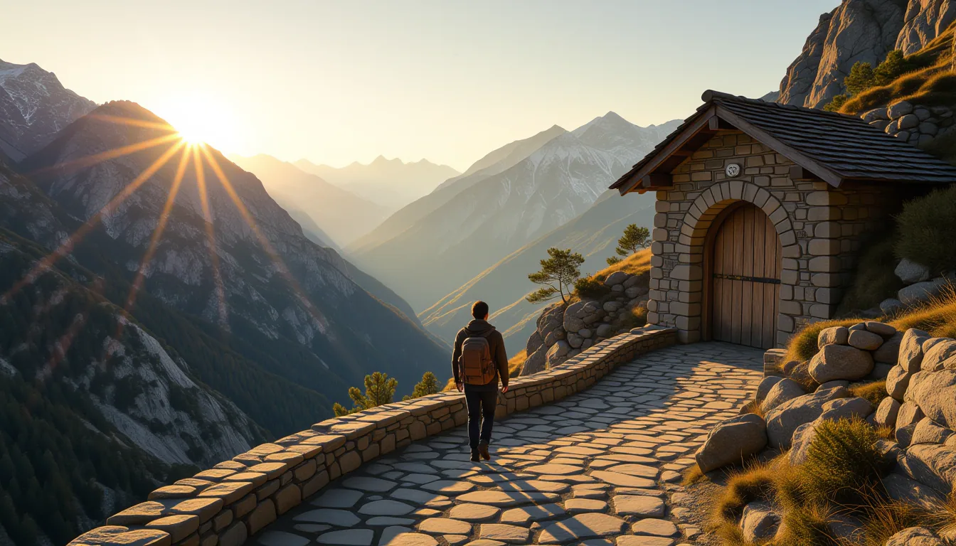 A lone figure walks a narrow, winding mountain pass at golden hour, a stone bridge arching over a st