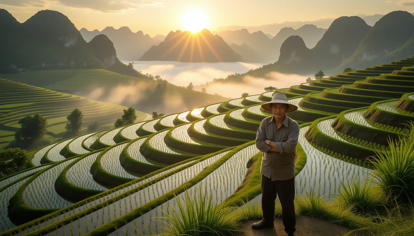 Golden-hour backlight sweeps across terraced rice paddies clinging to a limestone karst valley, wher