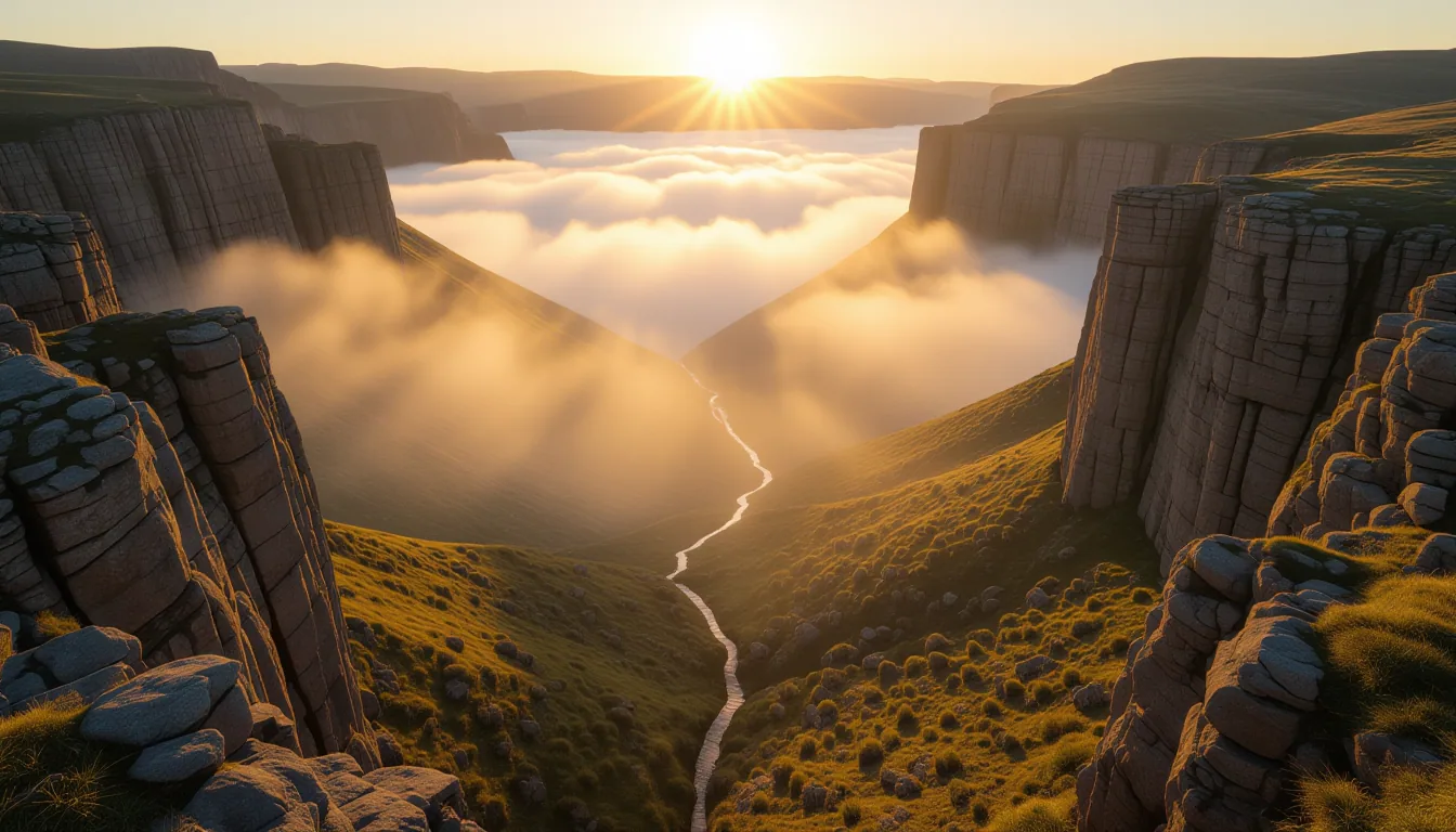Sunlight fractures through a mist-wrapped valley at golden hour, illuminating distinct geological st