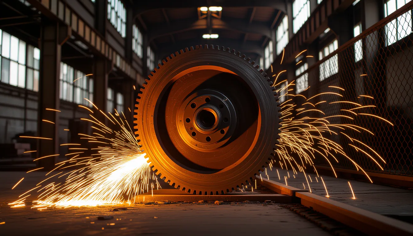 A rusted steel flywheel spins slowly in a dim industrial hall, shafts and connecting rods catching w
