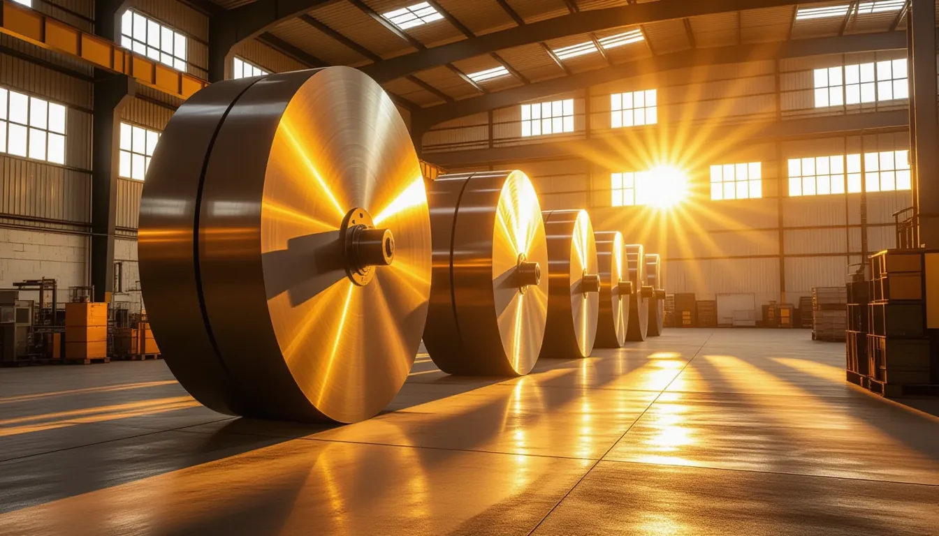 Golden-hour sunlight catches the slow rotation of massive industrial flywheels in a warehouse, casti