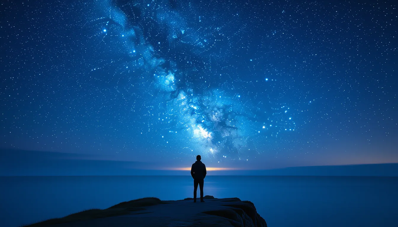 A lone figure stands on a windswept cliff edge at blue hour, shoulders back, staring up at the Milky