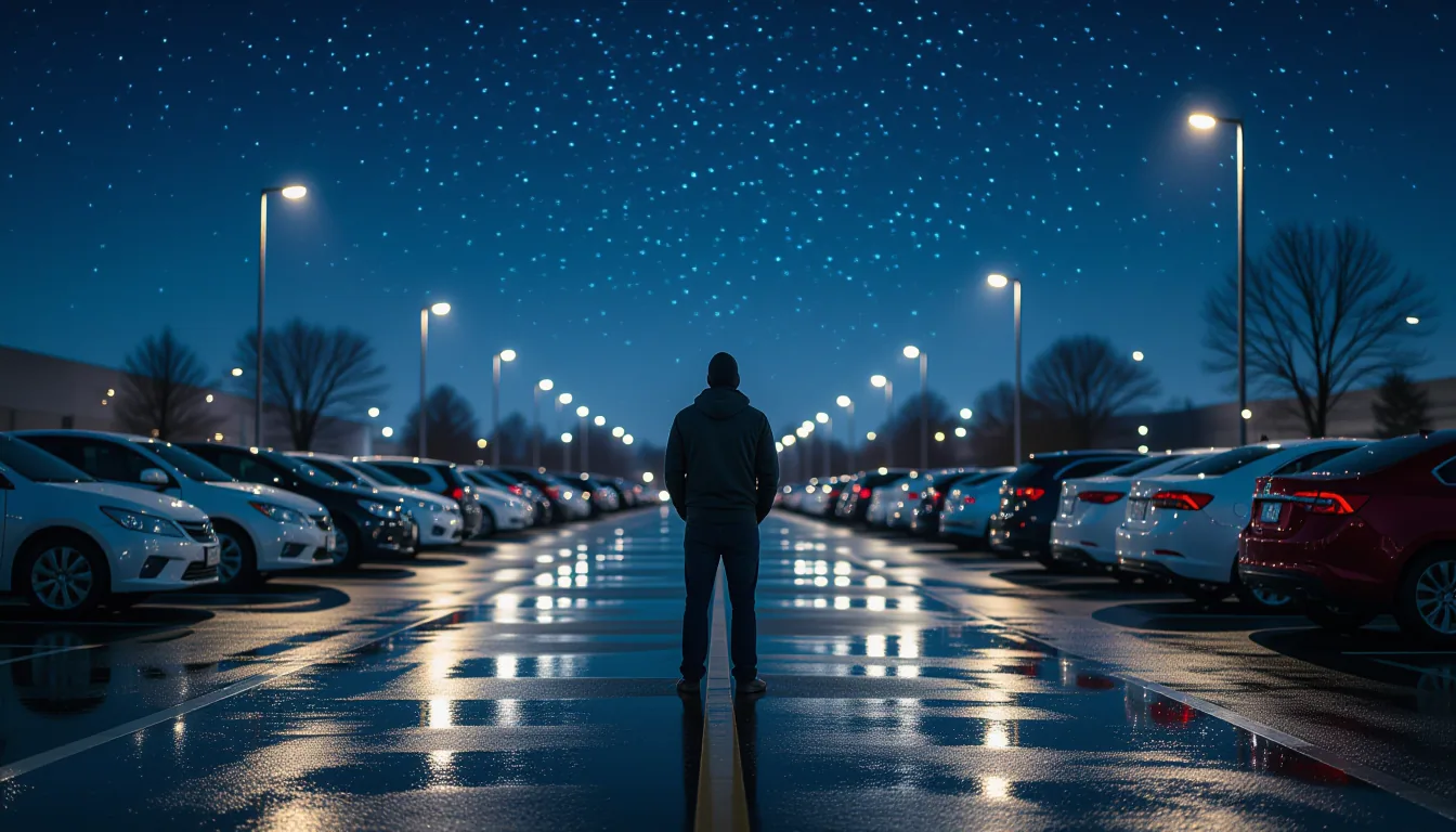 A lone worker stands on a rain-slicked asphalt lot at midnight, dwarfed by an endless row of parked