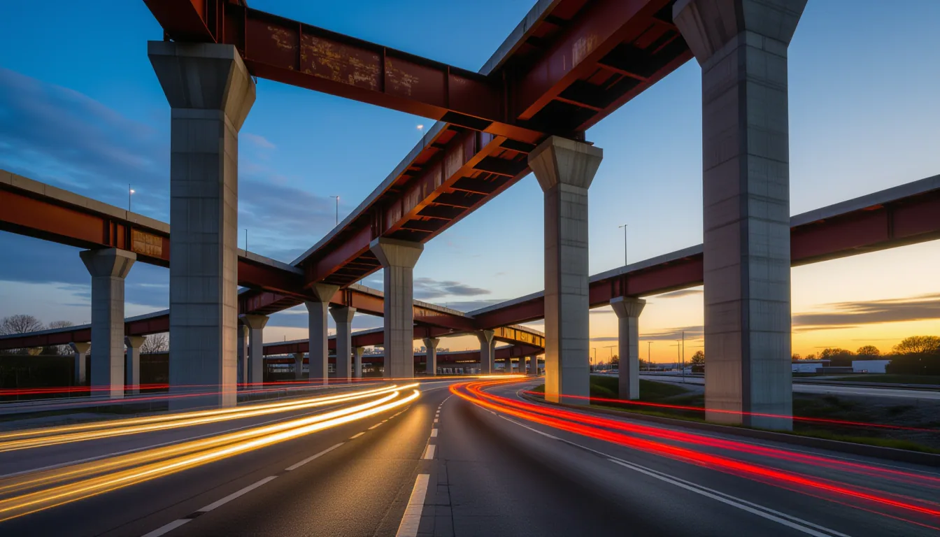 Golden hour light glints off rusted steel I-beams of an unfinished highway interchange, where concre