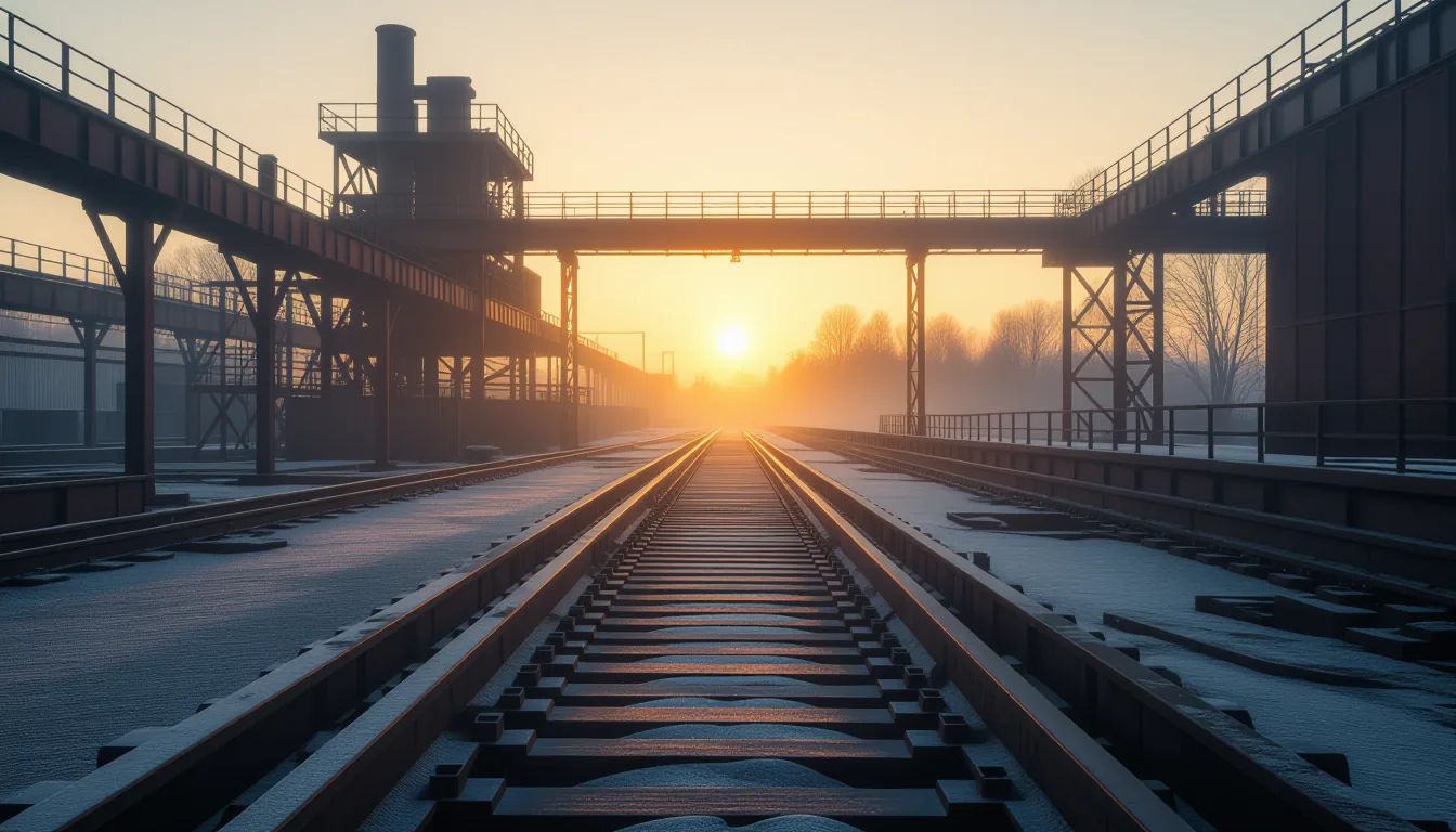 Foggy dawn, long-exposure glow streaking through an abandoned iron foundry’s frozen conveyor, interl