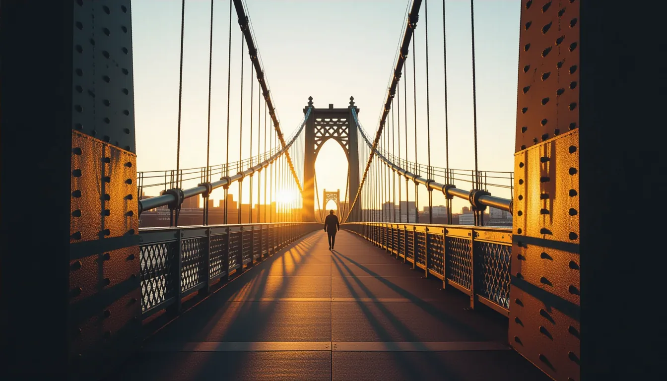 Golden-hour light strikes the steel lattice of a suspension bridge, casting sharp, rhythmic shadows
