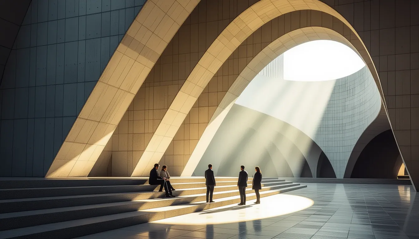 Sunlight cuts through the ribbed concrete ribs of a brutalist cathedral, illuminating the worn stone