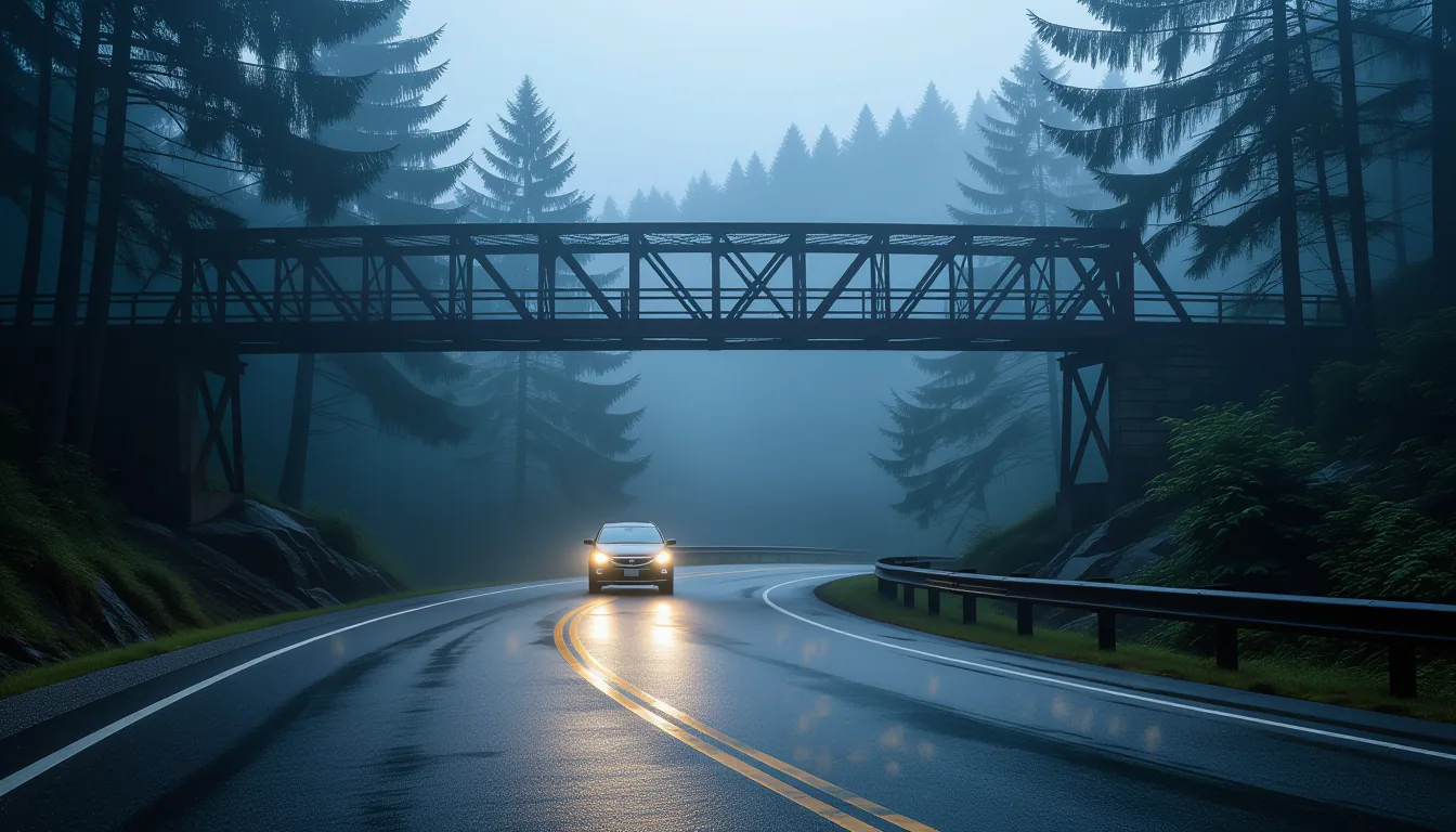 A cracked asphalt road curves through fog-choked blueridge pines at dawn, a lone car’s headlights cu
