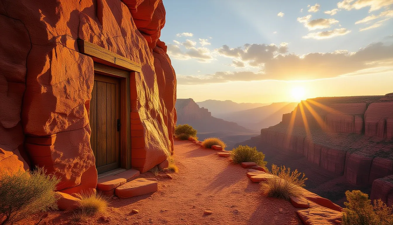 A sunlit mountain pass at golden hour, where a narrow, winding gravel trail climbs through red rock