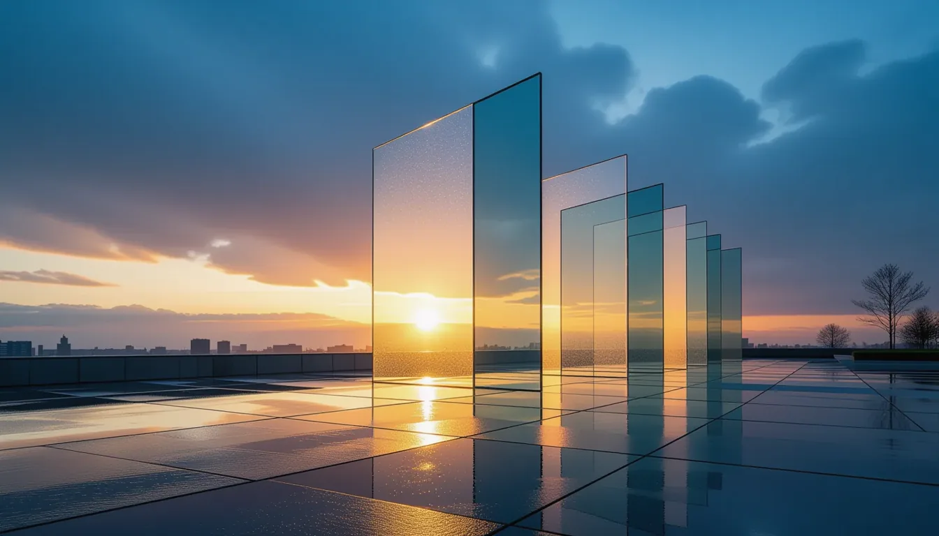 Stacked frosted glass planes tilt at angles above a rain-slicked concrete plaza, refracting the brui