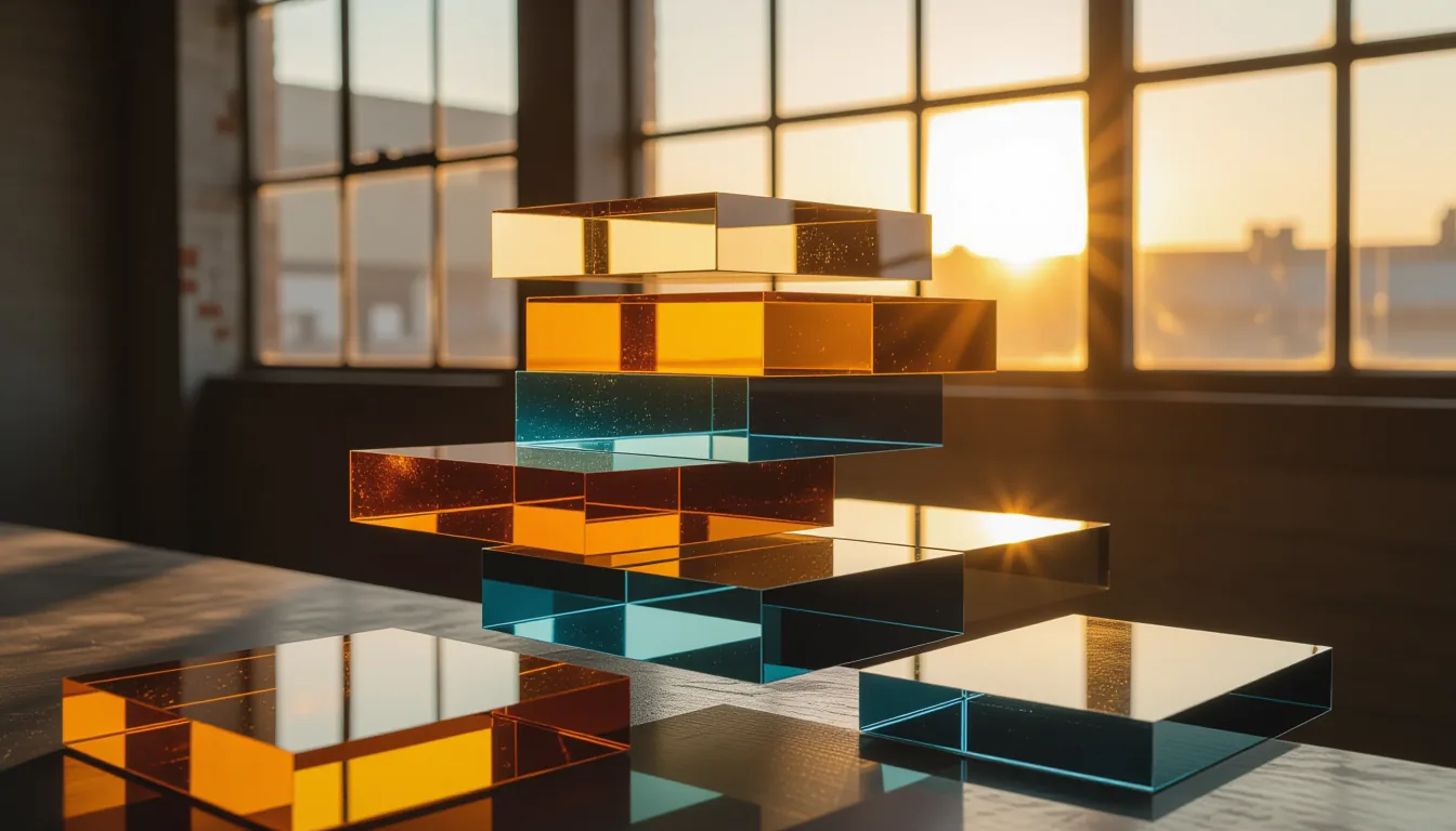 Stacked translucent resin slabs float mid-air, their tessellated edges catching the low angle of gol
