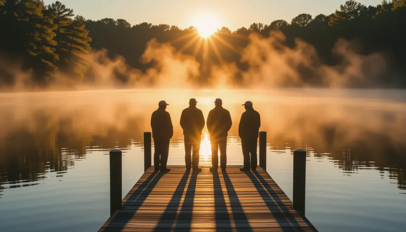 Golden-hour sun slices through low-hanging morning fog off Lake Keowee, illuminating mist rising fro