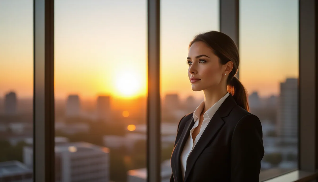 A lawyer in a dark suit stands beside a large window at dawn, with warm golden-hour light streaming