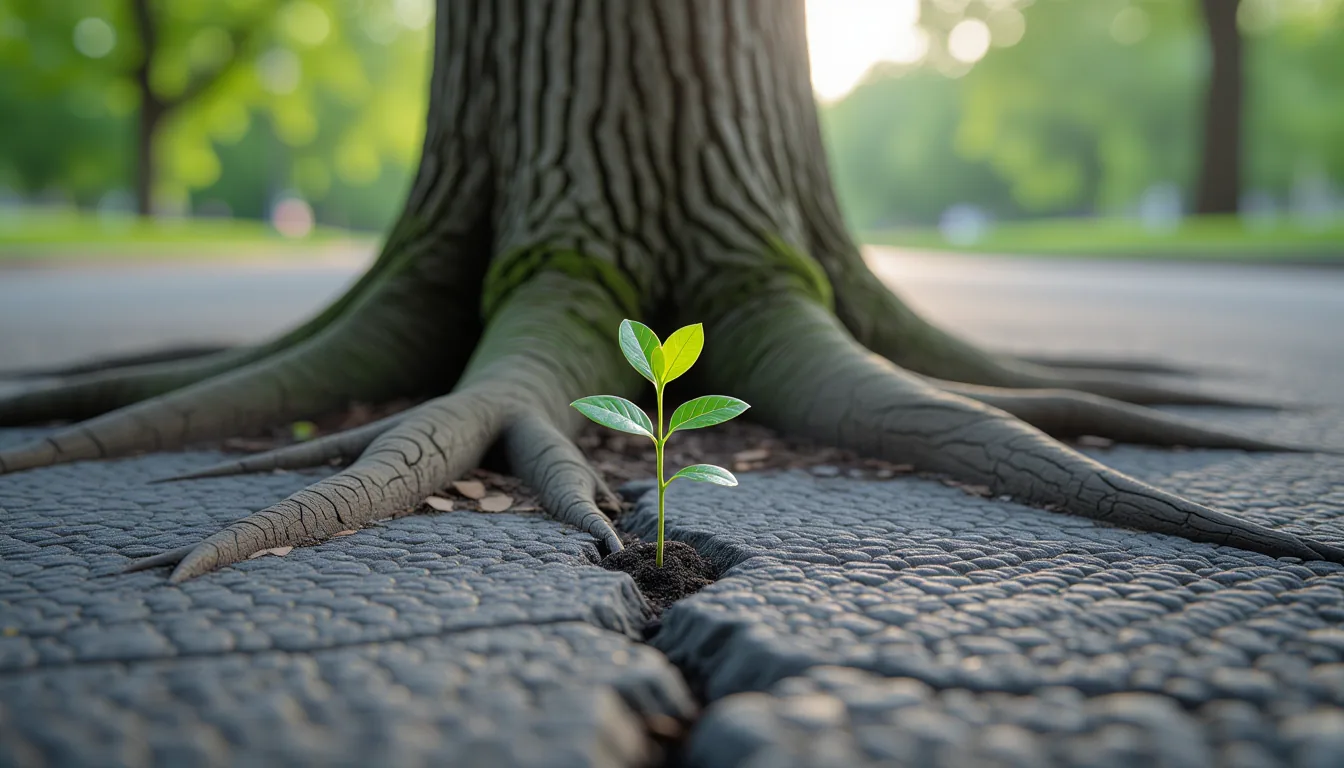 A single green shoot pushes through cracked pavement beside a gnarled oak’s exposed roots, shot in s