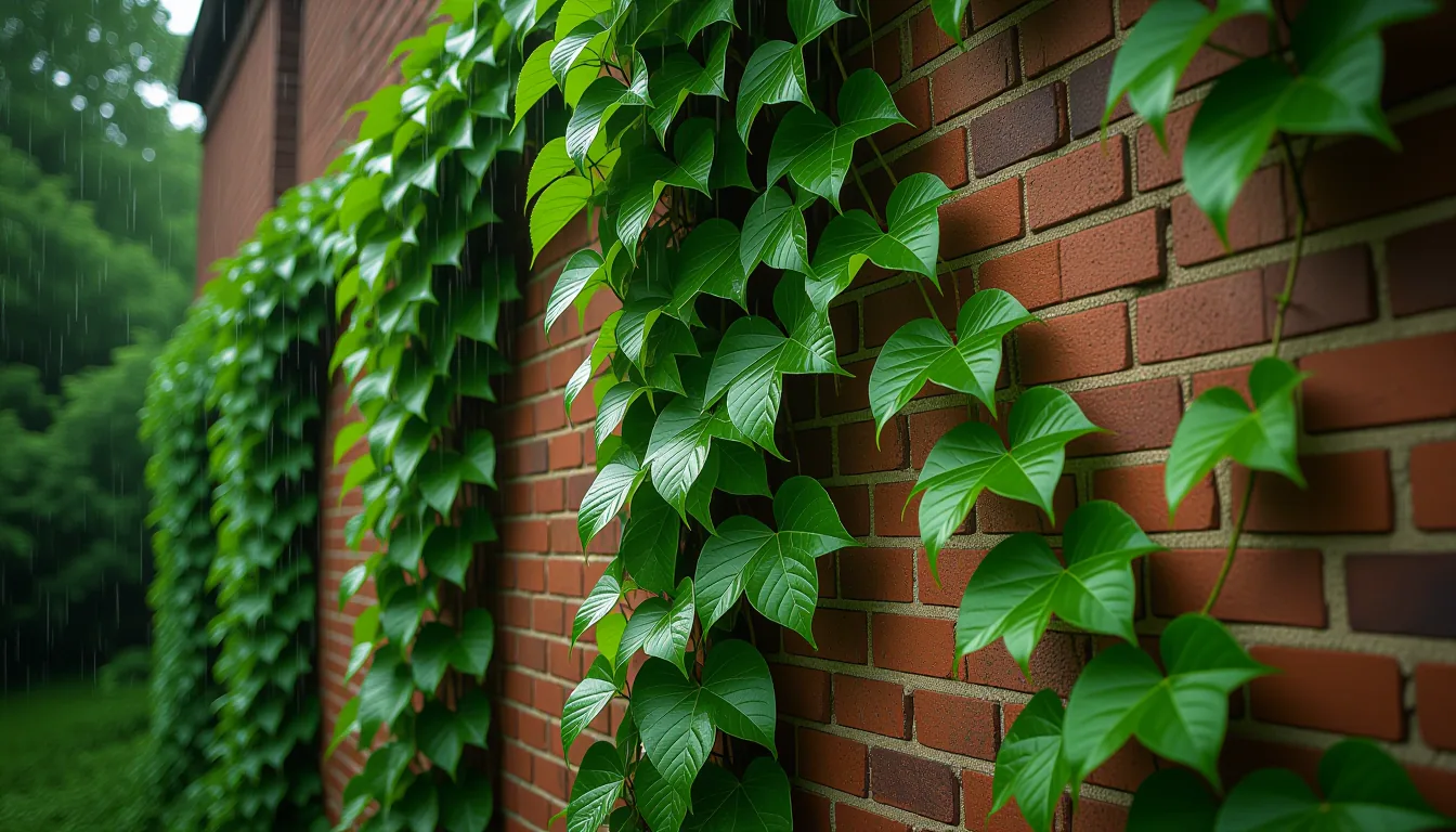 A tangle of invasive kudzu vines chokes an old brick wall, their thick woody stems and glossy leaves