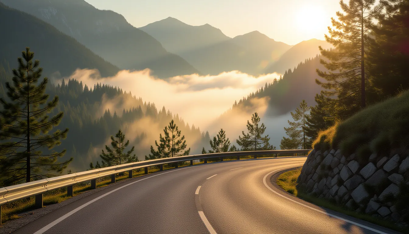 A misty mountain pass at golden hour, long exposure stretching sunlight through pine trees along a w