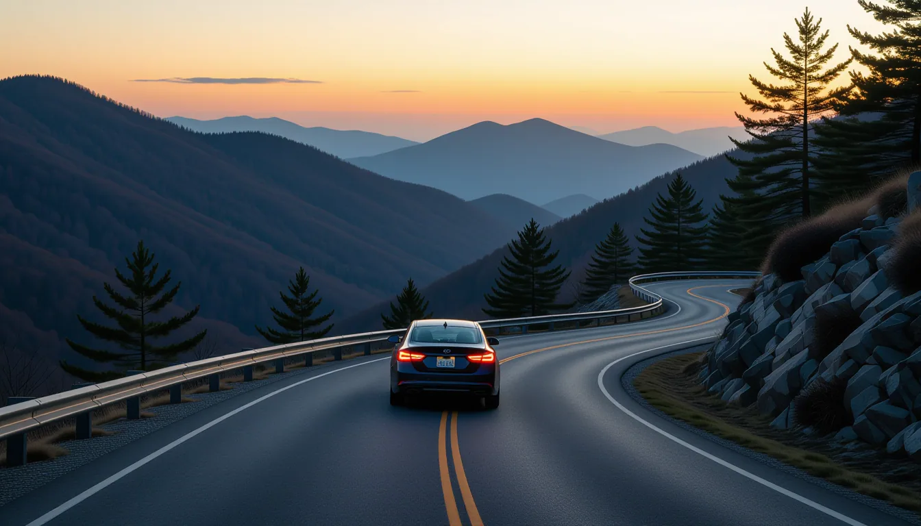 A lone car rests on a windswept mountain ridge road in western North Carolina, rear lights glowing a
