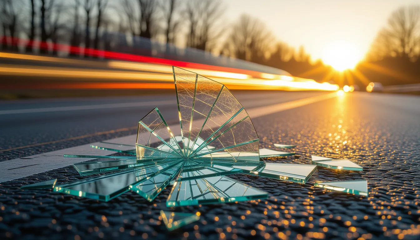 A shattered windshield frame caught in golden-hour light, its jagged tessellated shards resting on w