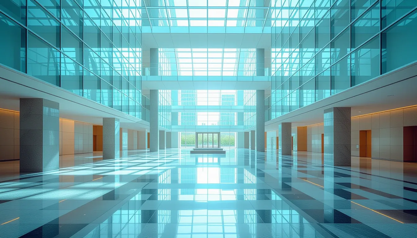 Overcast diffused light reveals stacked translucent glass platforms at a modern courthouse atrium, t