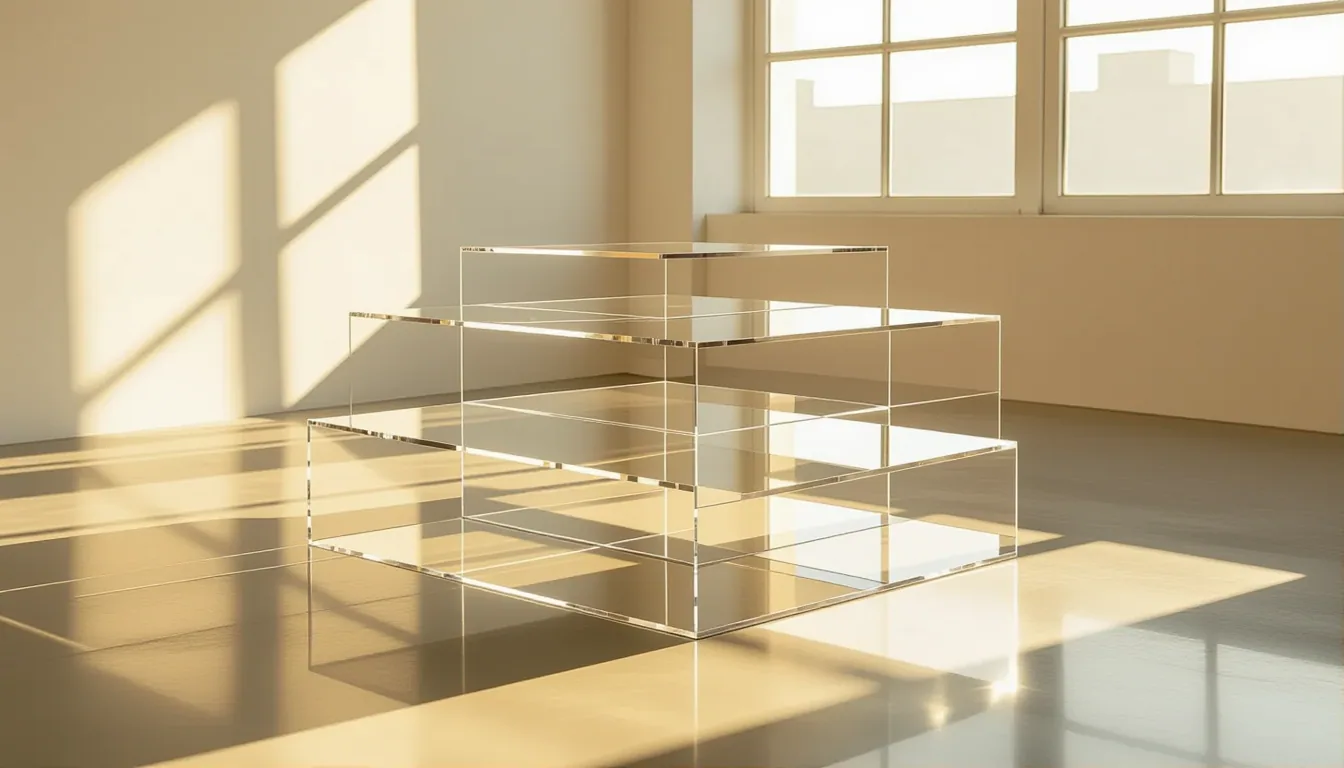 Stacked translucent acrylic platforms float in a sunlit studio, layered geometric planes catching an