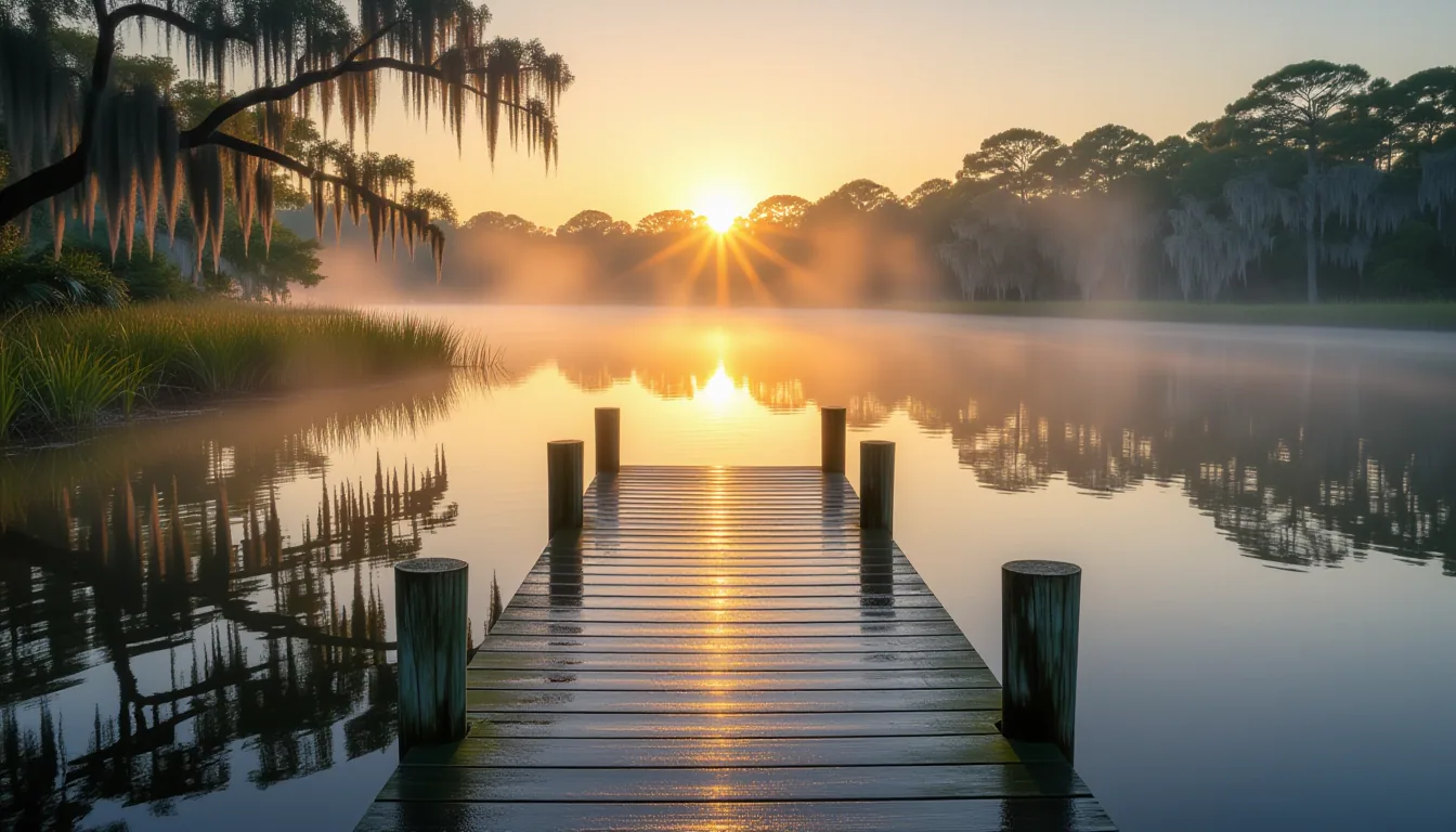 Dawn breaking over a fog-shrouded Lowcountry marsh, where pale amber sunbeams pierce through mist ri