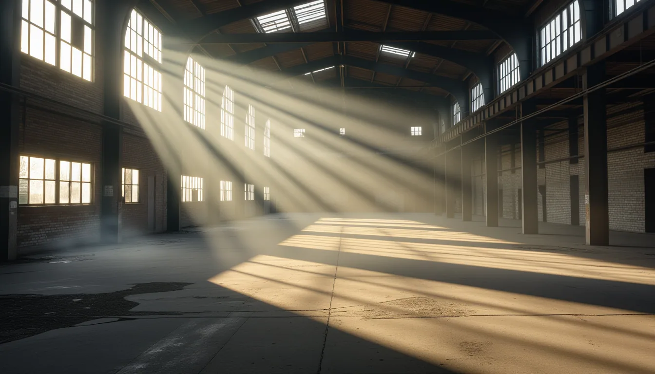 A single shaft of dawn light pierces through heavy morning fog in an abandoned industrial warehouse