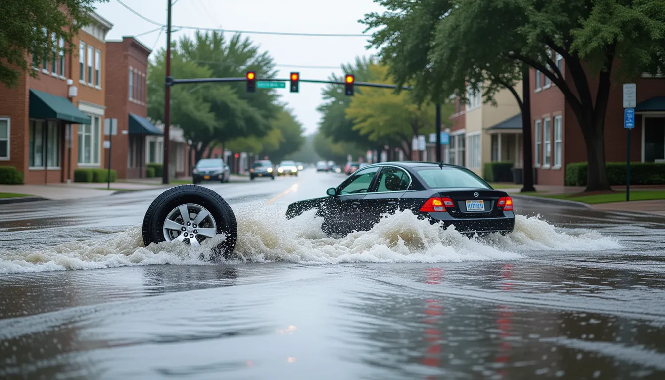 Overcast diffused light on a flooded Anderson street intersection where rushing rainwater swirls int