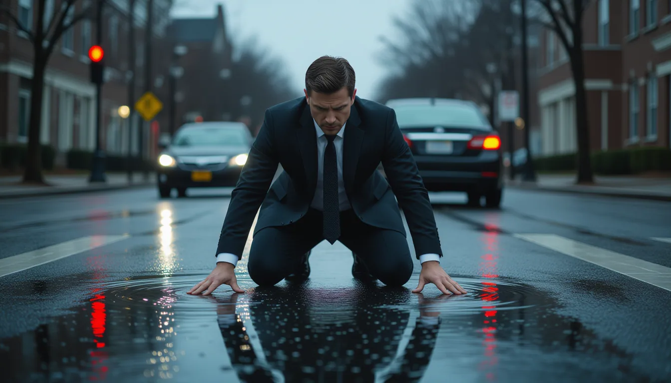 A lawyer in a dark suit kneels on wet black asphalt at an intersection, hands splayed flat over the