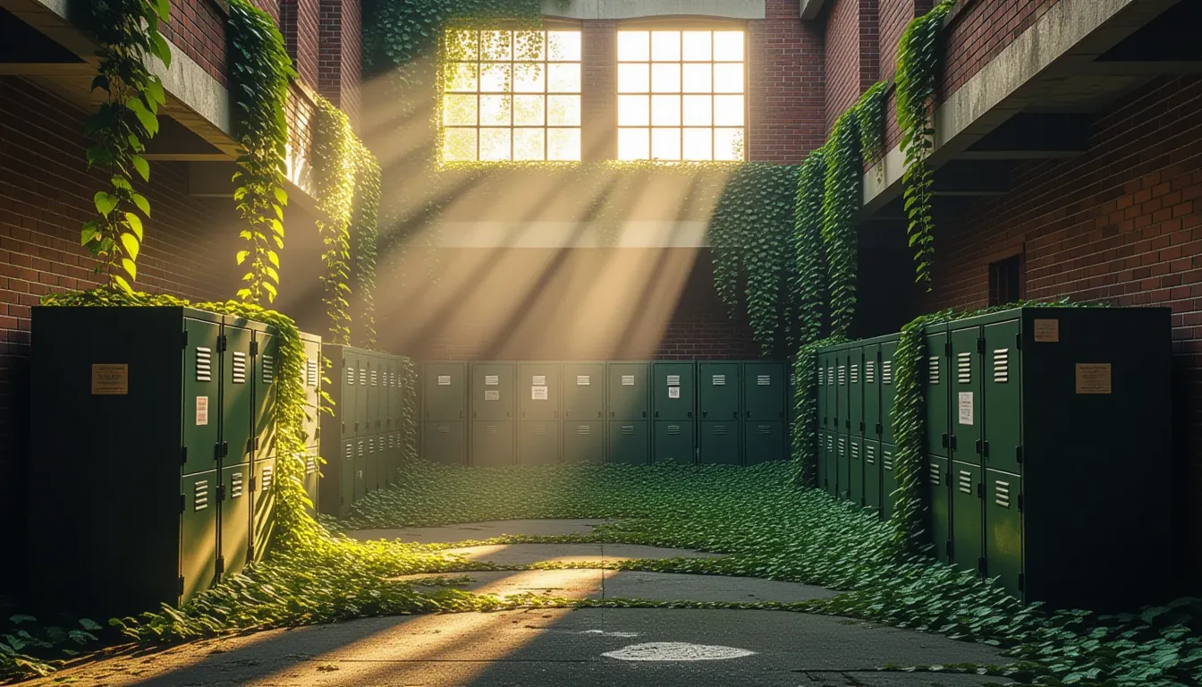 Misted morning in an abandoned police station courtyard, where thick ivy vines have split cracked co