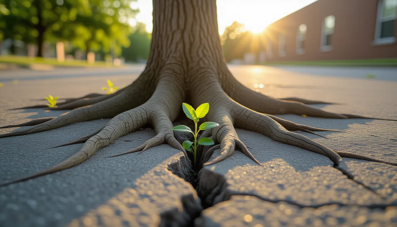 A close-up of gnarled oak roots splitting cracked concrete in a neglected city lot, captured with a