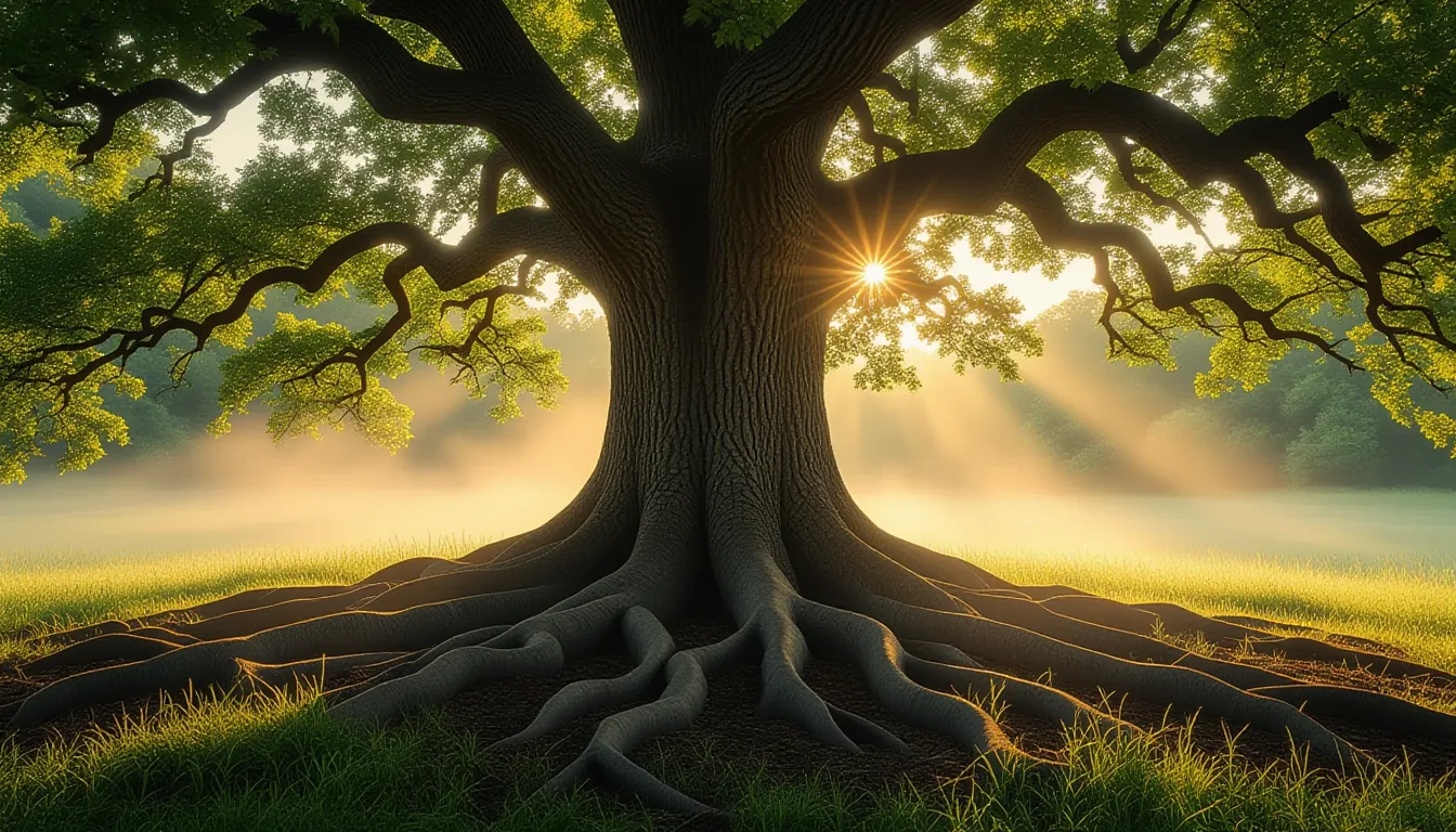 Morning mist clings to the damp bark of an ancient oak as its gnarled roots surge upward through cra