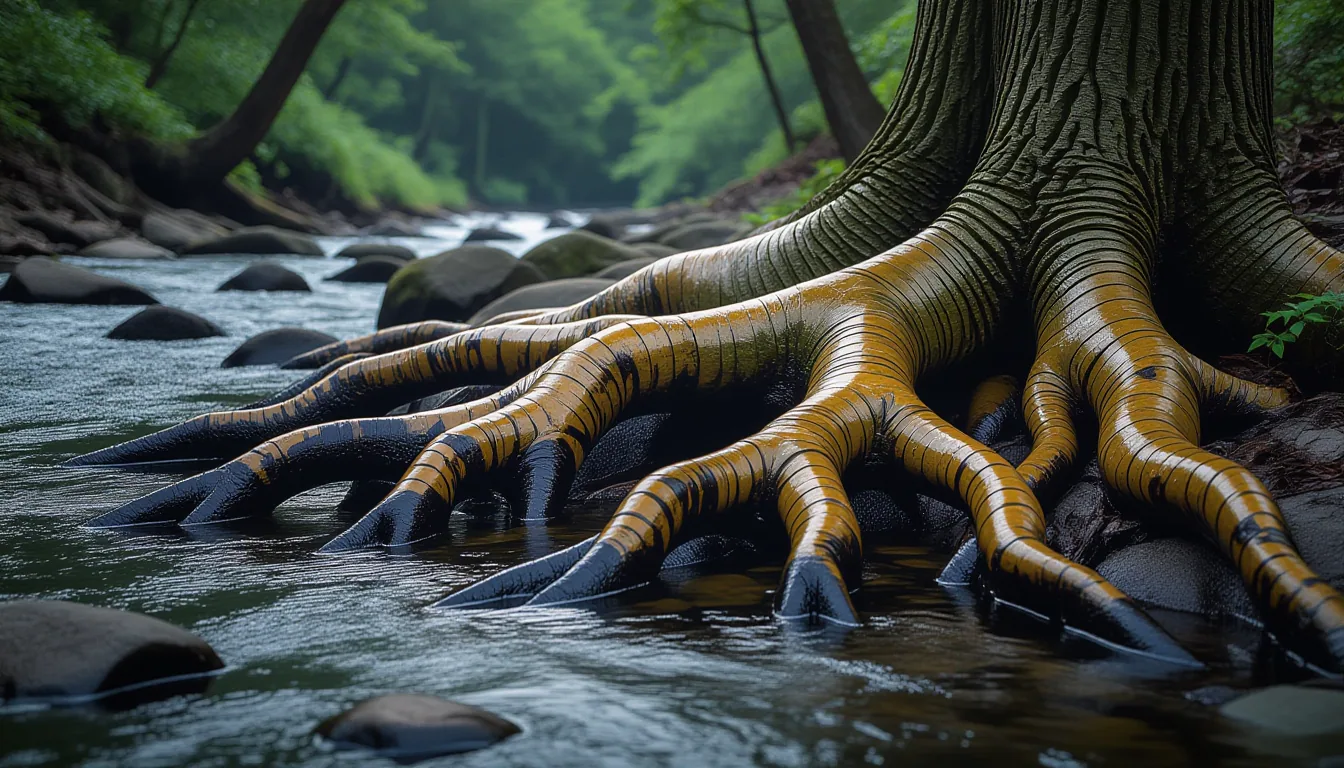 A tangle of old, gnarled oak roots exposed by recent creek erosion, their thick, knotted forms sprea