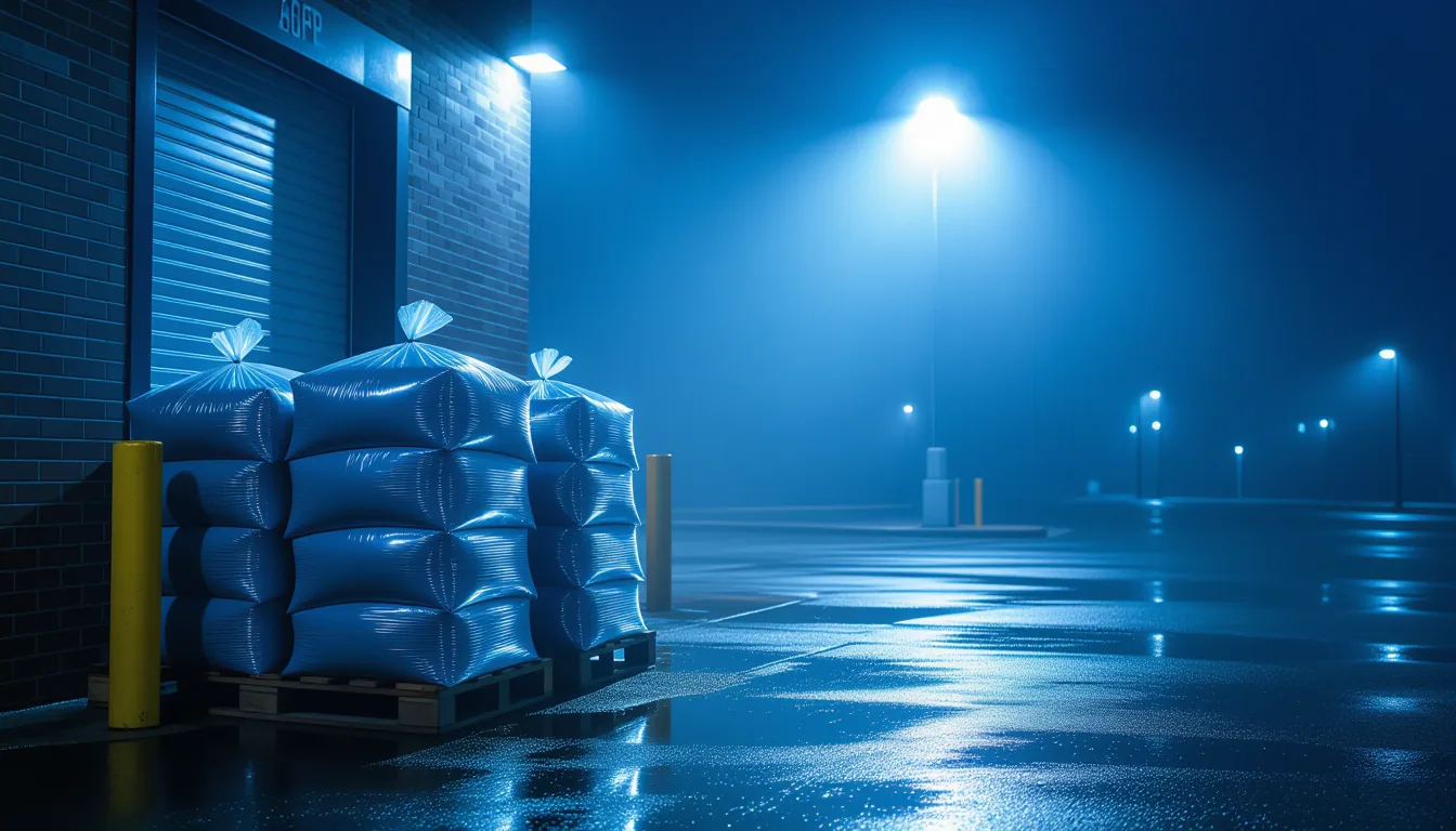 A police station's rear loading dock at 4:30 AM, cold blue streetlight reflecting off wet asphalt wh