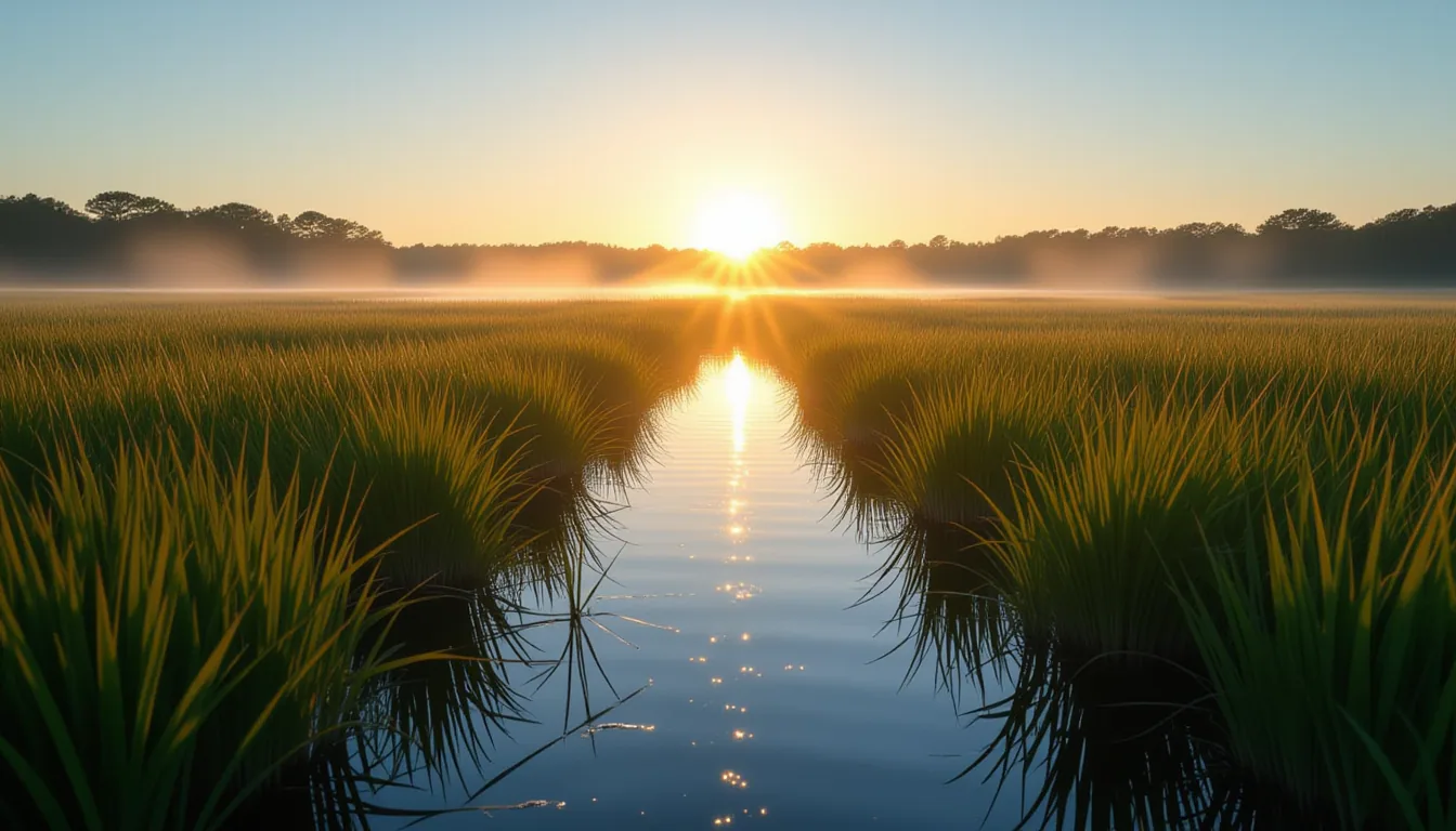 Low-angle shot of a coastal marsh at first light, where pale mist clings to cordgrass stems and the