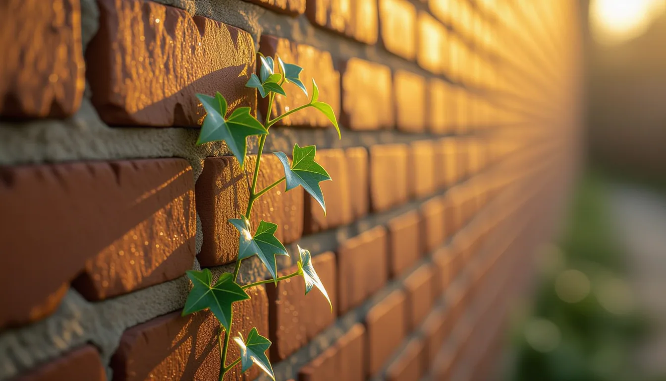 Golden-hour side-lighting catches dew on young ivy shoots scaling a weathered brick wall, shallow de